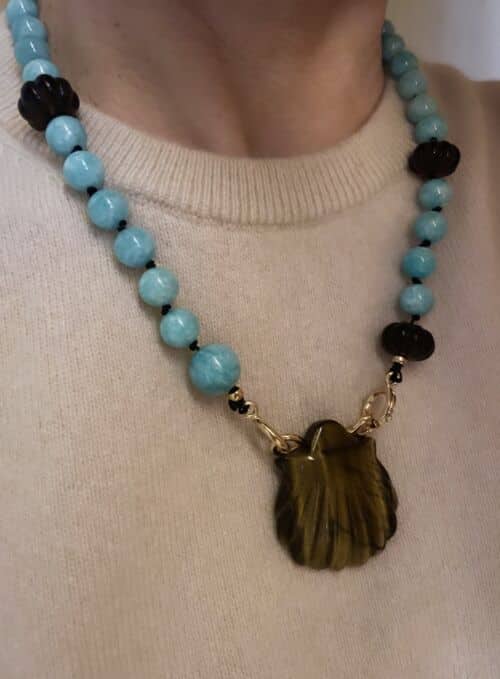 Collier ALYSSA amazonite et quartz fume avec shell Oeil de Tigre Smoky Quartz Tiger Eye by SANDE PARIS