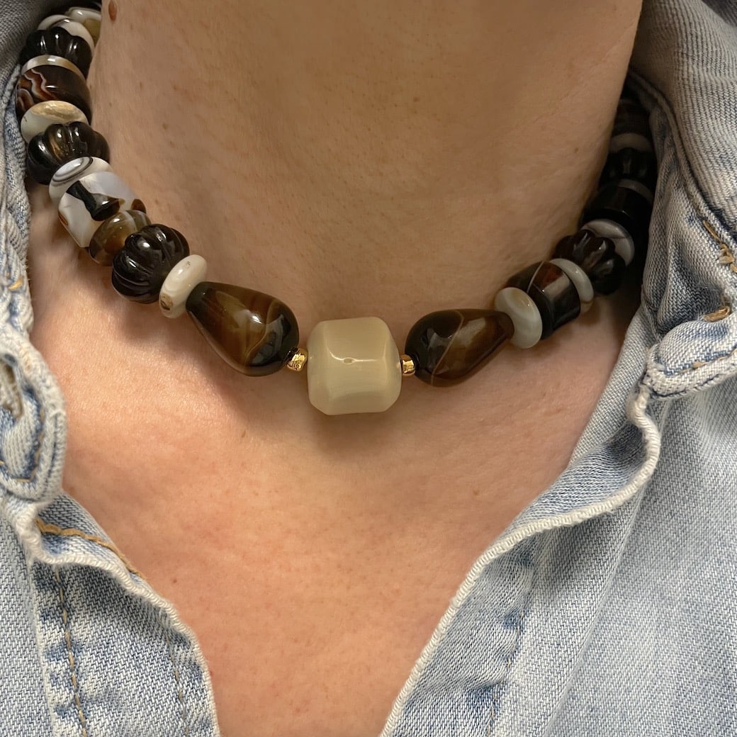 Collier necklace MALHA agate smoky quartz bamboo by Sande paris jewellery bijou
