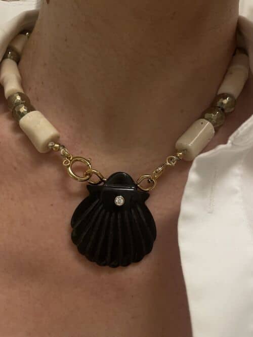 Collier NAYA Onyx et Bambou de mer et Hématite by Sande Paris.jewelry bijoux