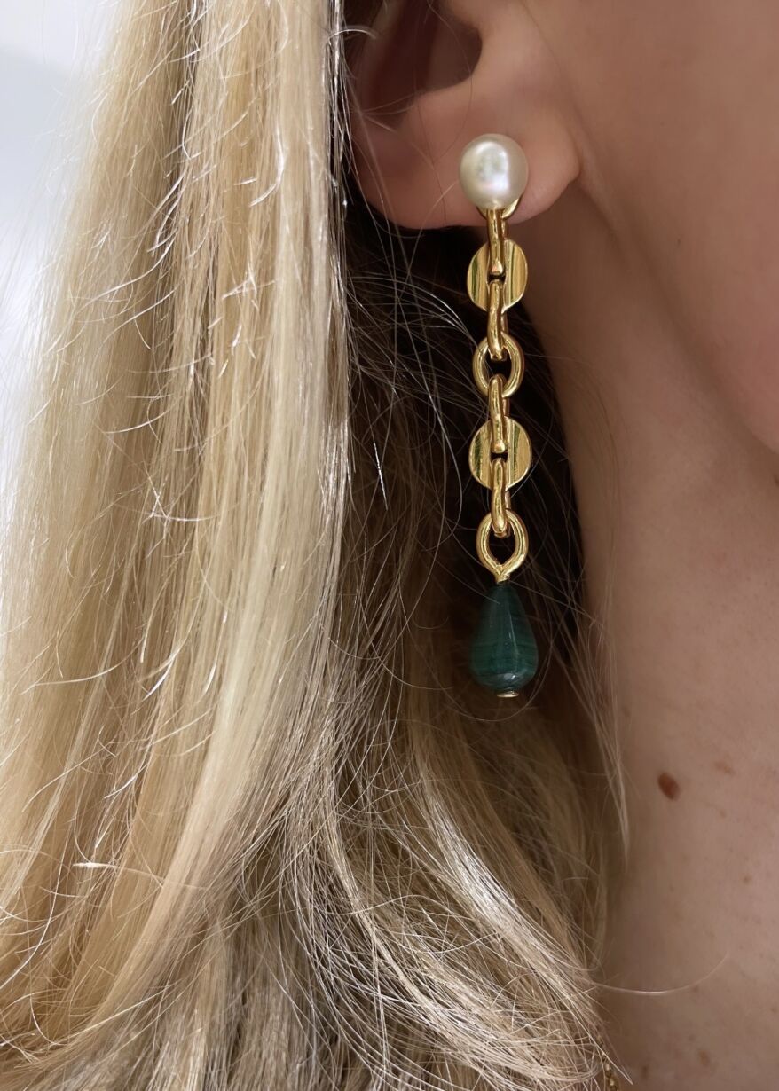 Boucles d'oreilles Earrings CAPRICE Malachite Perles Freshwater pearls by Sande Paris