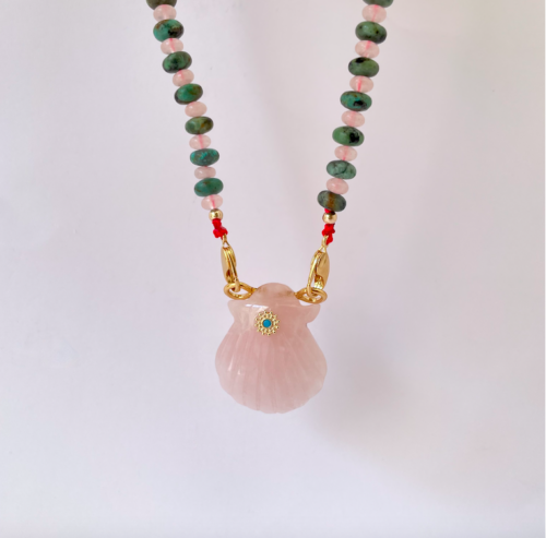 Collier Shell Rose Quartz African Turquoise