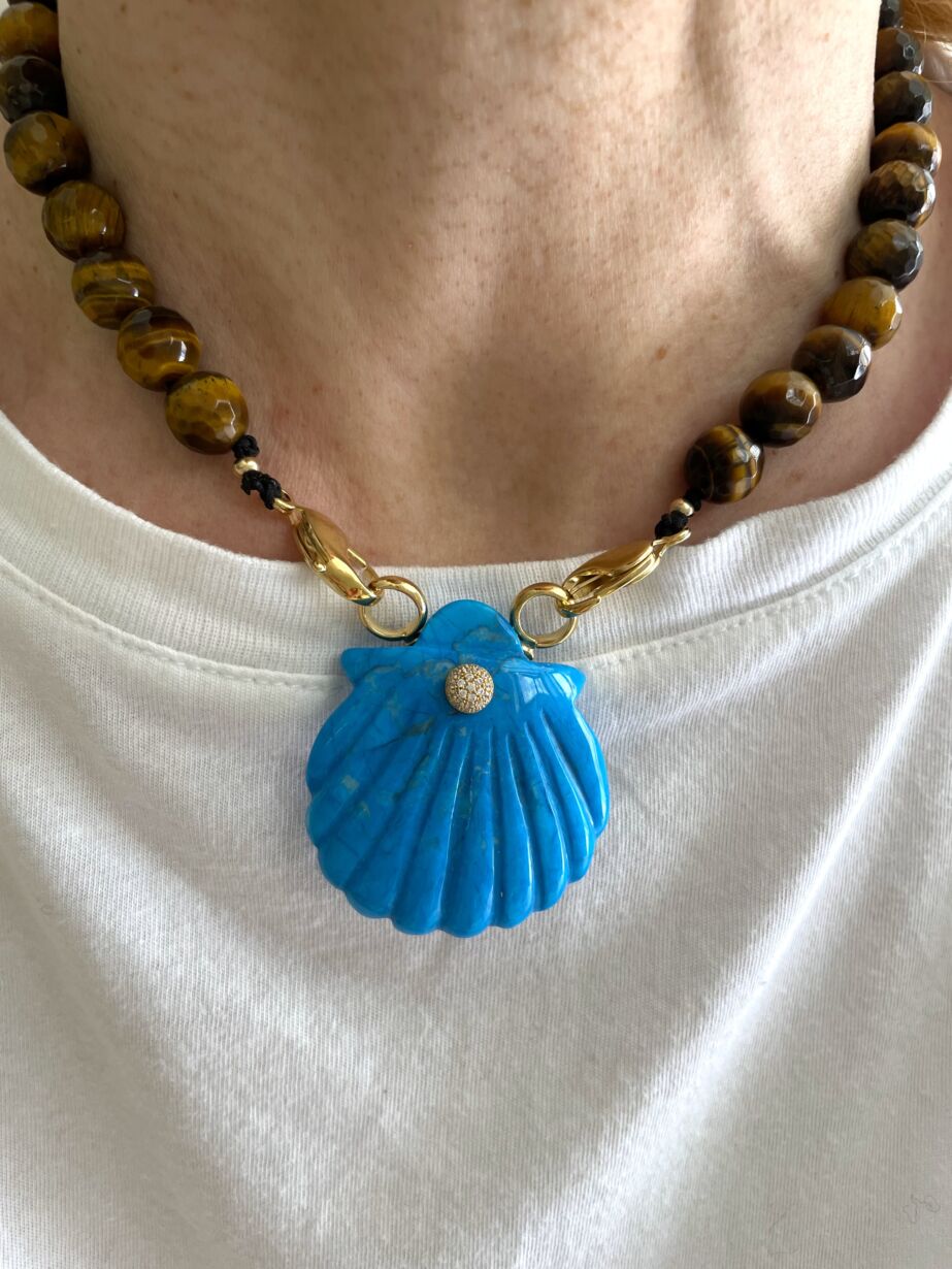 Collier Necklace shell NAYA blue & tiger eye oeil de tigre by SANDE PARIS jewellery