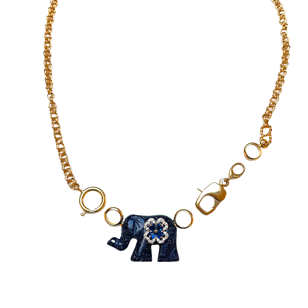 Collier Necklace Elephant blue Sun Stone Pierre de soleil bleue by SANDE PARIS jewel