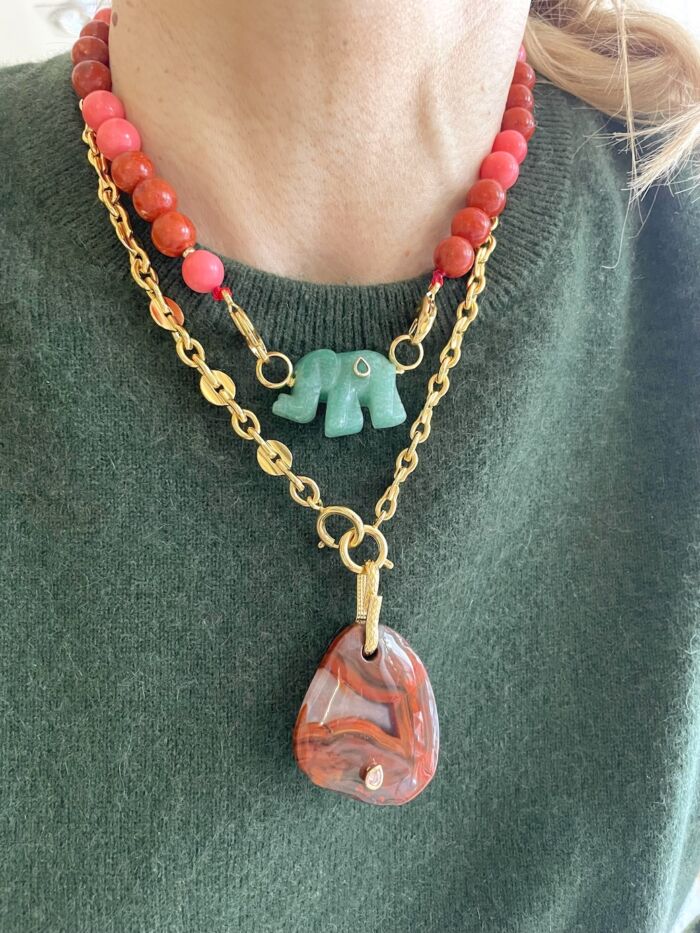 Collier Necklace Elephant aventurine verte green with Stone sea bamboo bambou de mer collier necklace by SANDE PARIS bijou