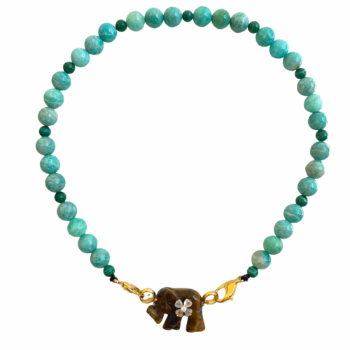 Collier pendentif Elephant Oeil de Tigre Tiger Eye Amazonite necklace by SANDE PARIS