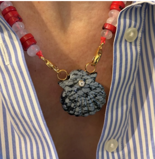 necklace shell obsidian and quartz bambou - made in france - Sande Paris