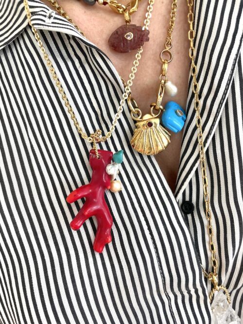 FIDJI grand pendentif sea bamboo bambou de mer Perle Turquoise by SANDE PARIS bijoux