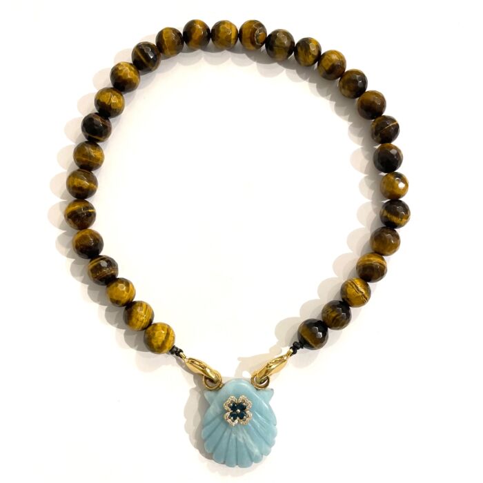 Collier Necklace Minorque Amazonite Tiger eye Oeil de tigre shell coquillage by Sande Paris
