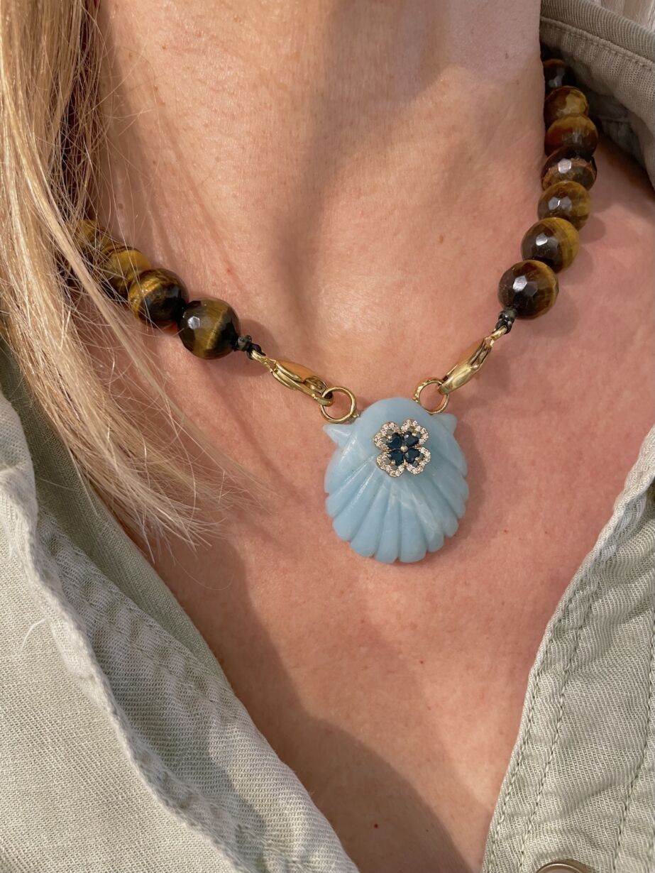 Collier Necklace Minorque Amazonite Tiger eye Oeil de tigre shell coquillage by Sande Paris.