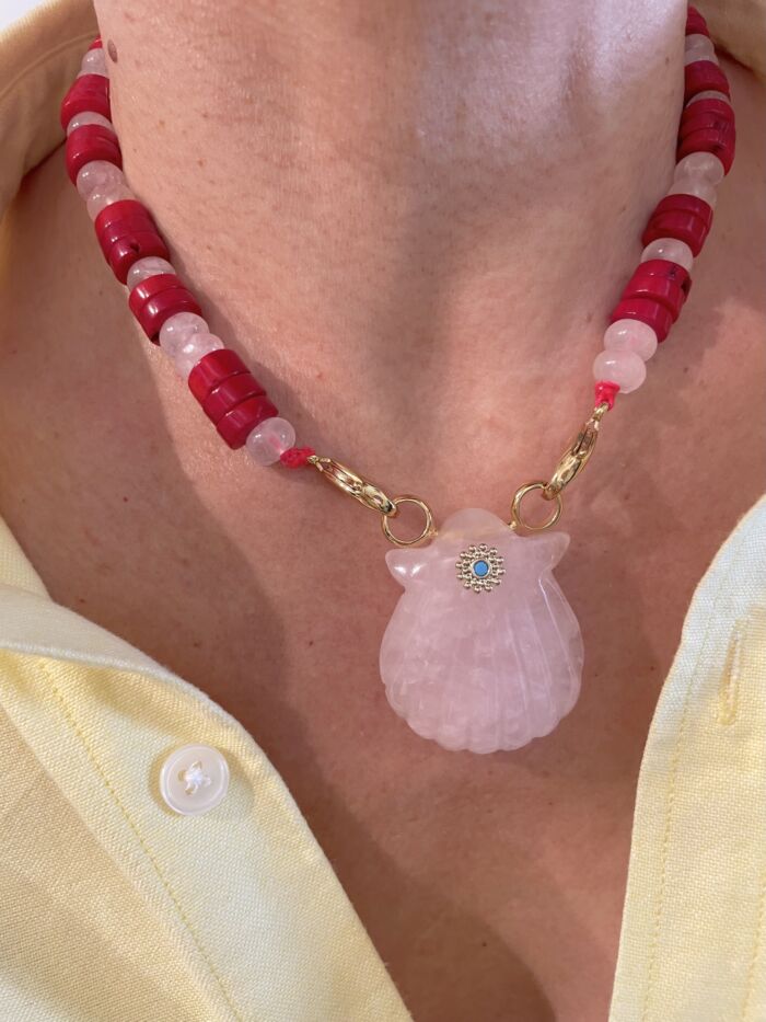 Collier Necklace shell coquillage Pink Quartz sea bamboo by Sande Paris