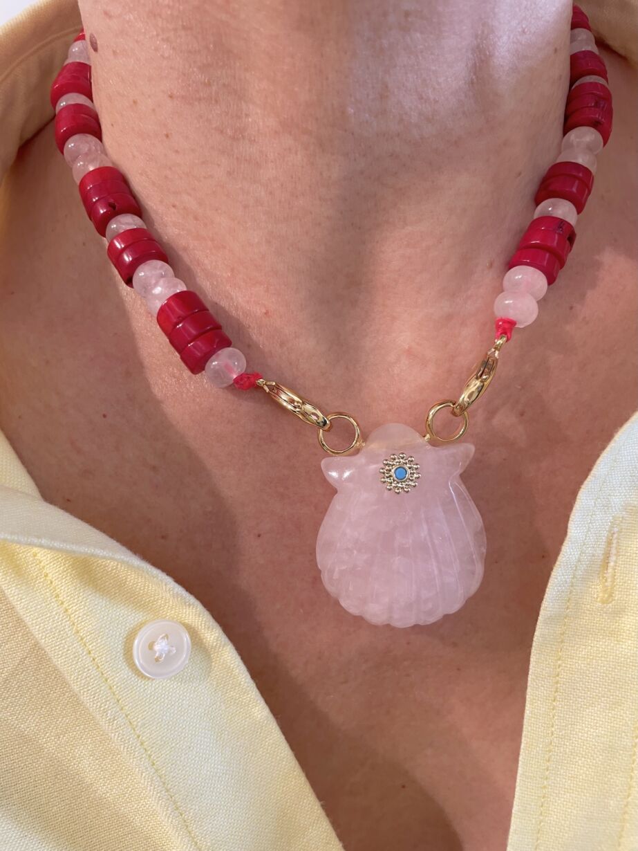 Collier Necklace shell coquillage Pink Quartz sea bamboo by Sande Paris