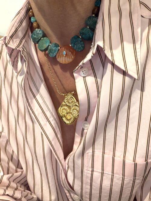 Collier ISOLA chrysocolle Turquoise coquillage cornaline shell carneliane Sande Paris jewel