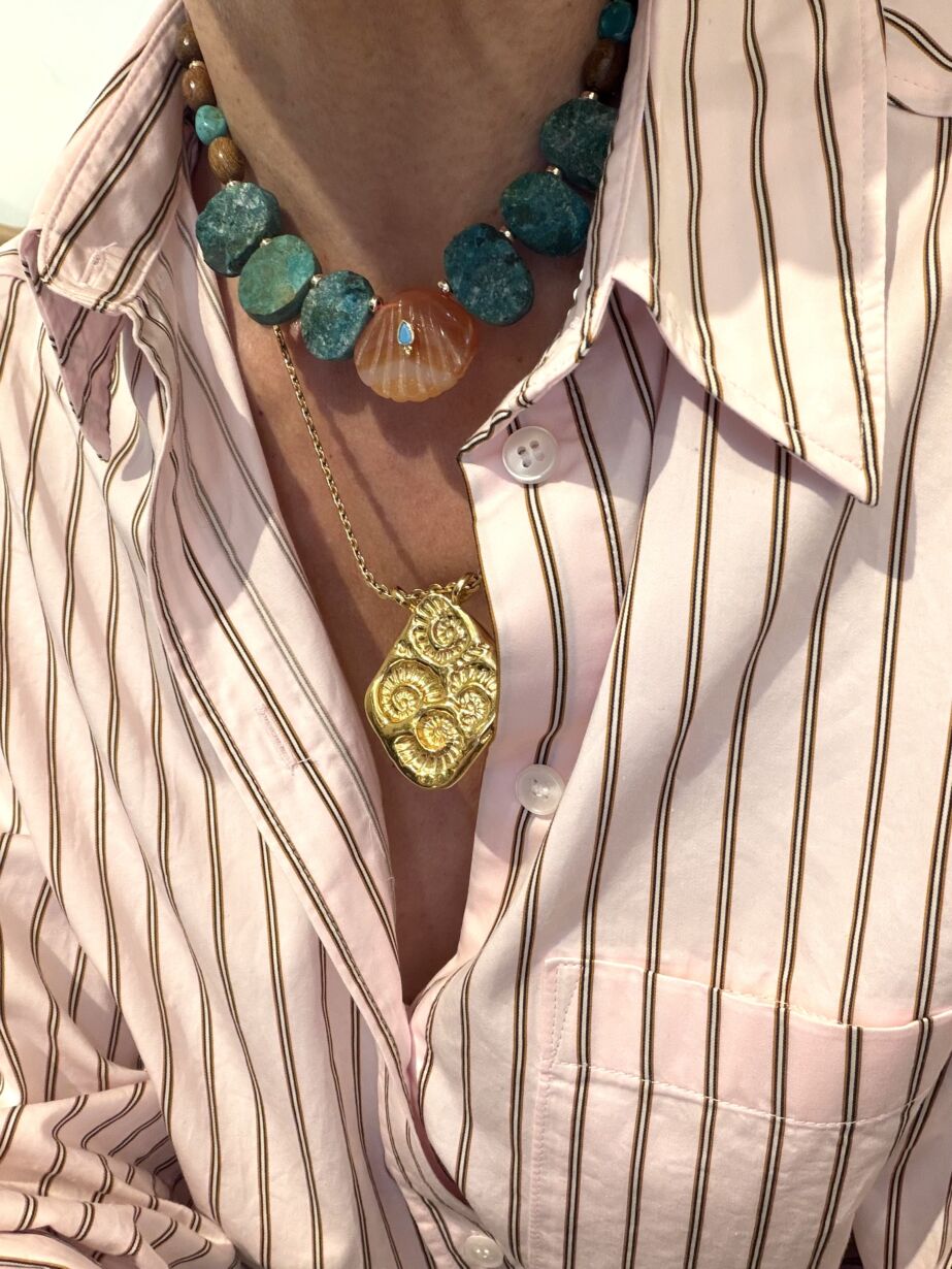 Collier ISOLA chrysocolle Turquoise coquillage cornaline shell carneliane Sande Paris jewel