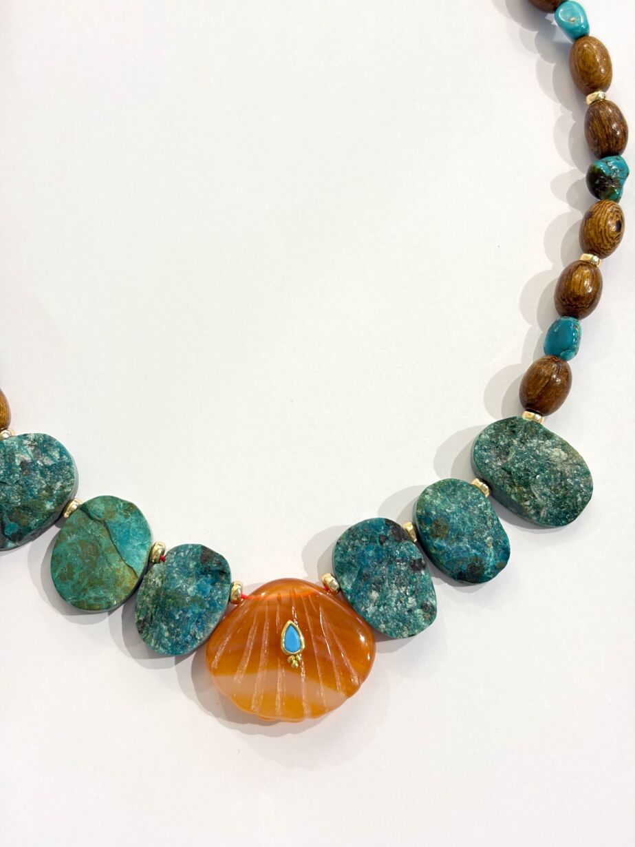 Collier ISOLA chrysocolle Turquoise coquillage cornaline shell carneliane Sande Paris jewel