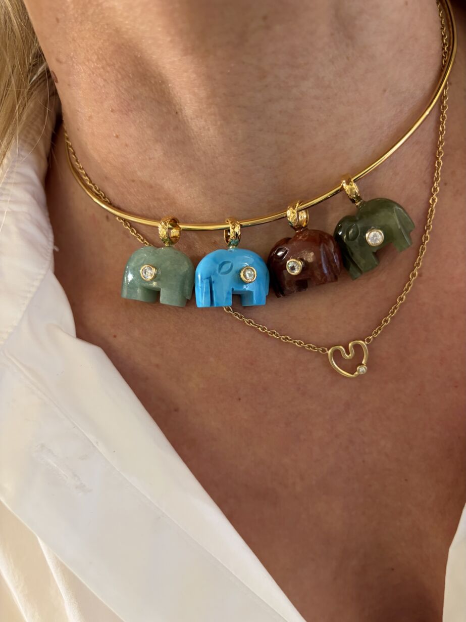 Pendentif elephant LEO pendant in Vesuvianite Red Jasper Turquoise Aventurine by Sande Paris bijou jewel